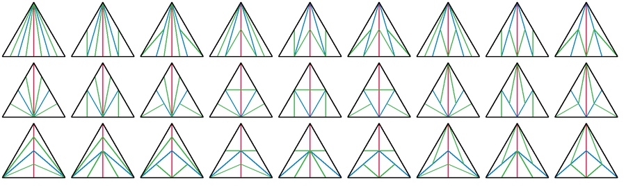 Jos Vromans | Artwork | 27 unique symmetrical 3th iteration equilateral triangle subdivisions.