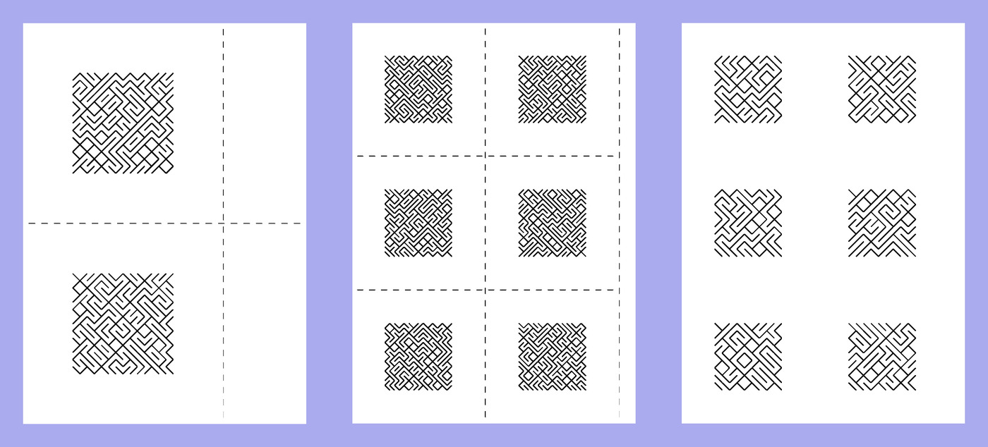 Examples of 10 print patterns, plotted on paper. With or without cut lines.